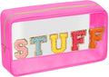 Iqimott Clear Patch Makeup Bag Stuff Pouch, Preppy Personalized Chenille Letter Cosmetic Pouch for Travel, Nylon Waterproof Travel Essentials Zipper Toiletry Bags for Women Girls(STUFF, RoseRed)