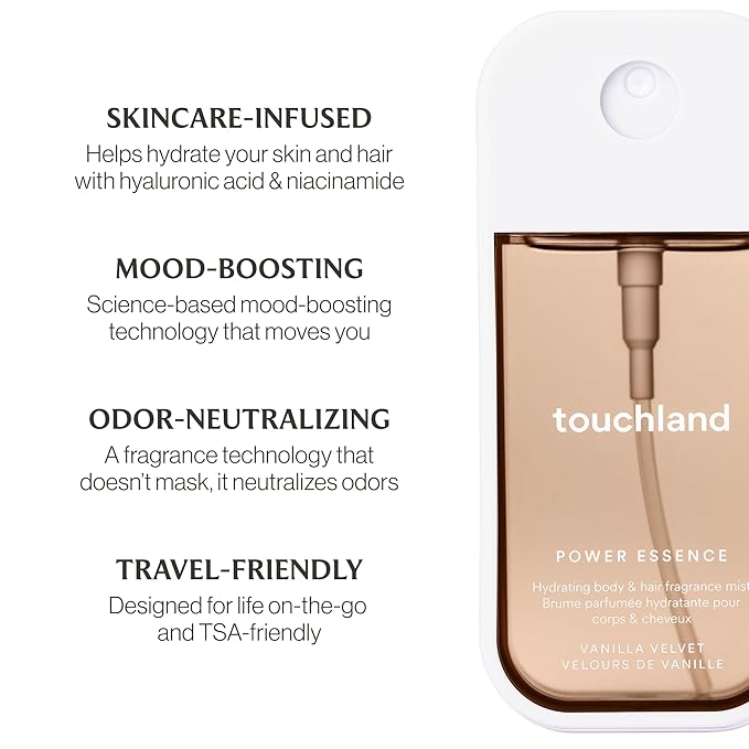 Touchland Hydrating Body & Hair Fragrance Mist, Vanilla Velvet, 2 FL. OZ. Travel Size Body Spray