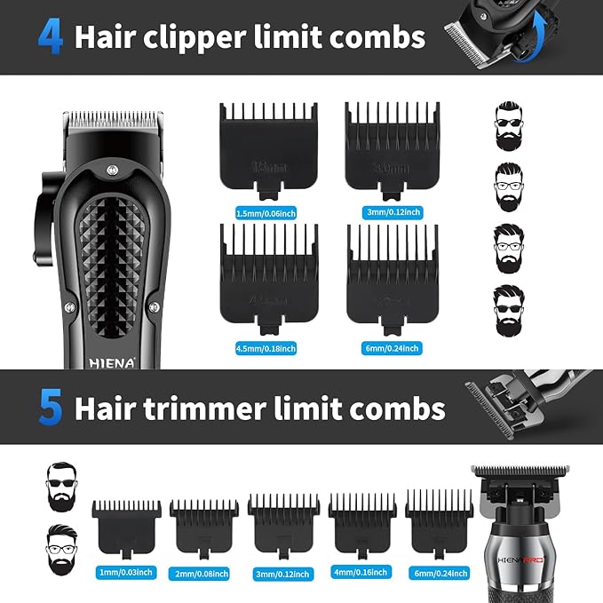 HIENA PRO Professional Cordless Hair Clippers for Men, T-Blade Beard Trimmer & Foil Shaver & Nose Hair Trimmer Set, Rechargeable Electric Barber Hair Cutting Grooming Kit