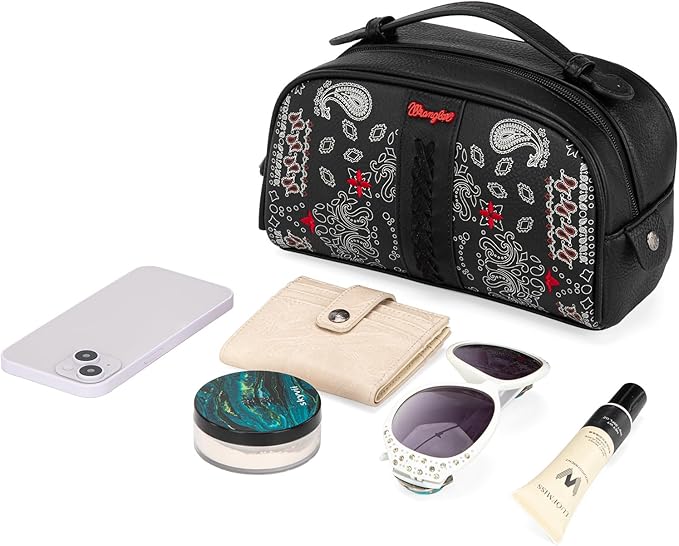 Montana West Wrangler Makeup Bag for Women Small Cosmetic Toiletry Bags Western Paisley Make Up Pouch Durable Cute Travel Purse, Black