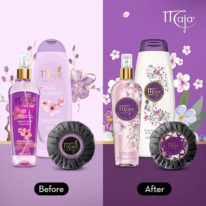 Maja Plum Blossom Perfumed Body Mist with Floral and Fruity notes to refresh yourself any time, Transparent Purple, 8.1 Fl Oz, Spray Bottle