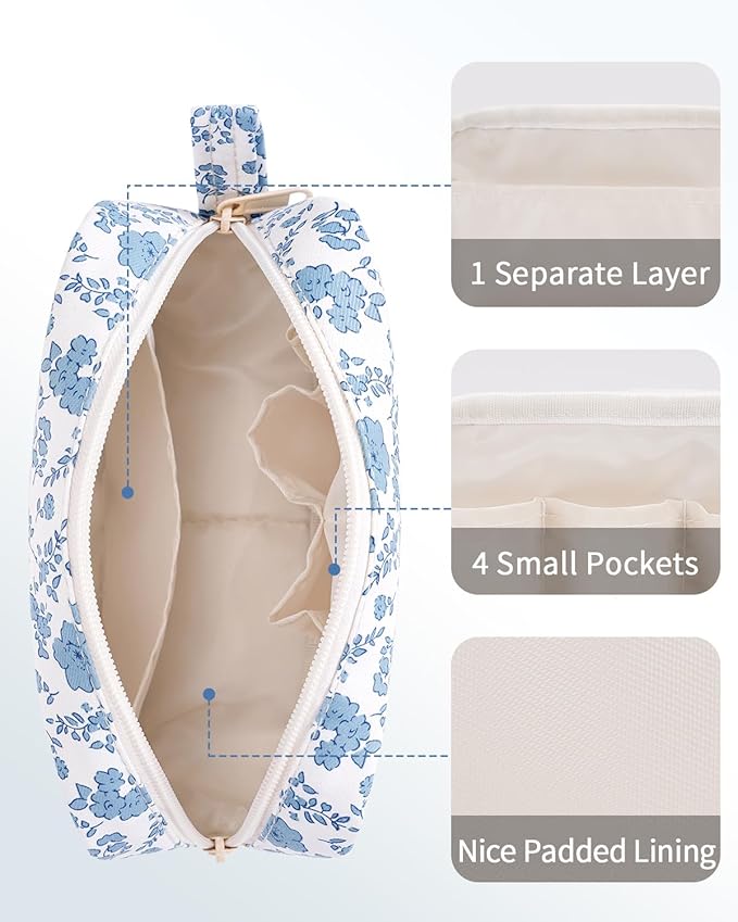Narwey Small Makeup Bag for Purse Travel Makeup Pouch Mini Cosmetic Bag Zipper Pouch for Women (Little Blue Flower, Small)