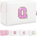 Personalized Initial Makeup Bag - Preppy Glitter Cosmetic Pouch, PU Waterproof Zipper Travel Toiletry Bag - Unique Letter Patch Makeup Organizer - Gift for Women & Teen Girls