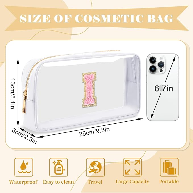 Personalized Initial Letter Clear Makeup Bag,Preppy Small Nylon&PVC Cosmetic Zipper Bag with Chenille Letter,Travel Skincare Toiletry Bag,Monogram Christmas Gift for Teen Girls Women,I