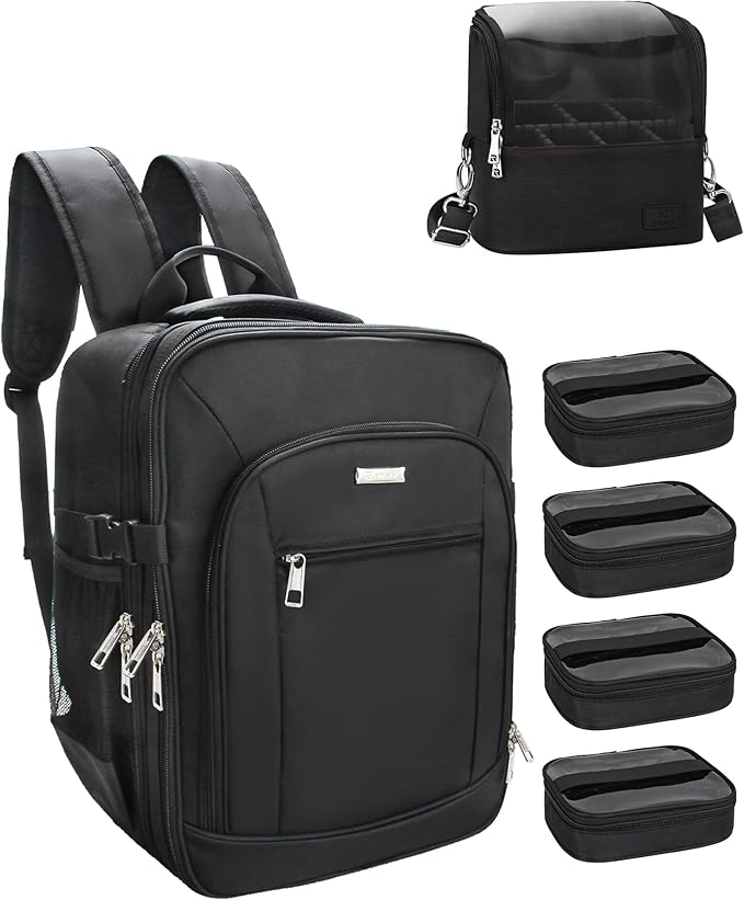 TANTO Makeup Backpack Makeup Artist Bag Professional Extra Large Cosmetic Bags Travel Train Case Storage Organizer Double-Layer Cosmetic Case with 4 Pouch and Brush Organizer (Black, two piece)