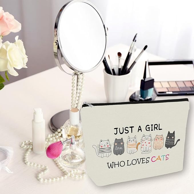 Cat Makeup Bag For Cat Lover Christmas Gift: Cute Cosmetic Bag & Toiletry Pouch Just A Girl Who Love Cats Themd For Mom, Daughters, Friends,Teen Girl & Women.Ideal Gifts For Travel, Birthdays.