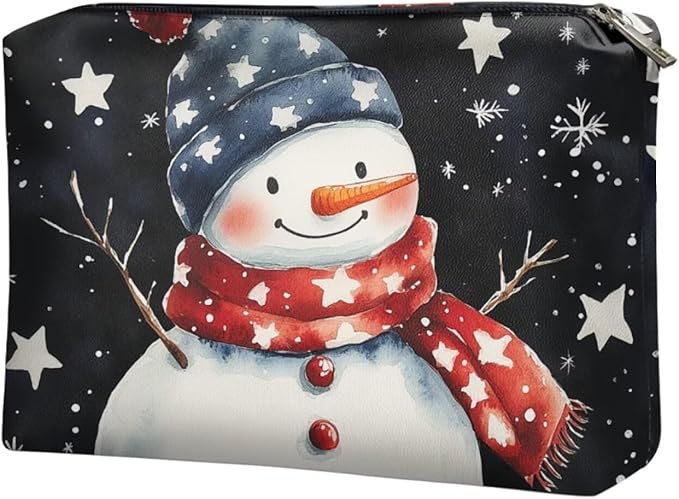 COEQINE Christmas Makeup Pouch for Purses for Women Leather Snowman Black Stars Mini Cosmetics Bag Cute Cosmetic Pouch for Women with Zipper Pen Pencil Toiletry Pouch for Birthday Xmas Gift