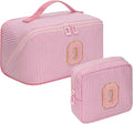 Travel Makeup Bag for Women, 2Pcs Portable Personalized Initial Makeup Organizer Bag, Open Flat Large Cosmetic Bag With Travel Essential Pouch (Pink Letter O)