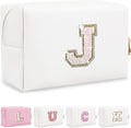 Initial Letter Patch Makeup Bag, Small Preppy A-Z Glitter Letter Cosmetic Bag, PU Leather Waterproof Travel Toiletry Bag, Cute Make Up Pouch Personalized Monogrammed Gift for Women Teen Girls