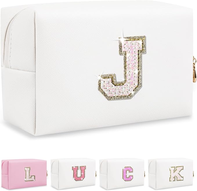 Initial Letter Patch Makeup Bag, Small Preppy A-Z Glitter Letter Cosmetic Bag, PU Leather Waterproof Travel Toiletry Bag, Cute Make Up Pouch Personalized Monogrammed Gift for Women Teen Girls