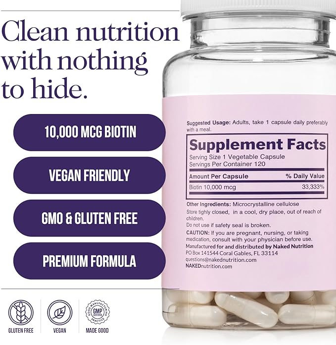NAKED Biotin 10,000mcg - Max Strength Vitamin B7 Supplement for Healthy Hair, Skin & Nails Support - Non-GMO, Gluten-Free, Vegan - Supports Keratin Production - 120 Capsules
