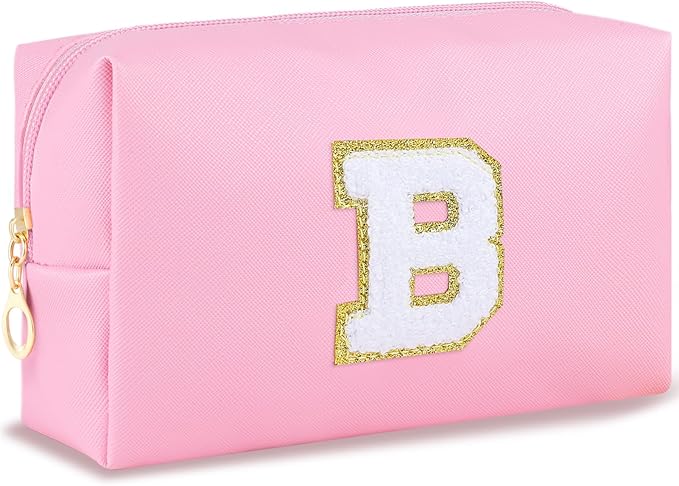Initial Makeup Bag Personalized Preppy Travel Small Cosmetic Bag Cute PU Pink Chenille Letter Makeup Pouch for Purse Waterproof Zippered Toiletry Organizer for Women Girls Kids Friends（B）