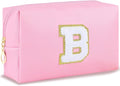Initial Makeup Bag Personalized Preppy Travel Small Cosmetic Bag Cute PU Pink Chenille Letter Makeup Pouch for Purse Waterproof Zippered Toiletry Organizer for Women Girls Kids Friends（B）