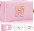 Personalized Initial Letter Patch Makeup Bag, Preppy Small Chenille Cosmetic Bag with Zipper, PU Leather Waterproof Travel Toiletry Bag Monogram Make Up Pouch for Women Girls