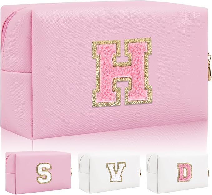 Personalized Initial Letter Patch Makeup Bag, Preppy Small Chenille Cosmetic Bag with Zipper, PU Leather Waterproof Travel Toiletry Bag Monogram Make Up Pouch for Women Girls