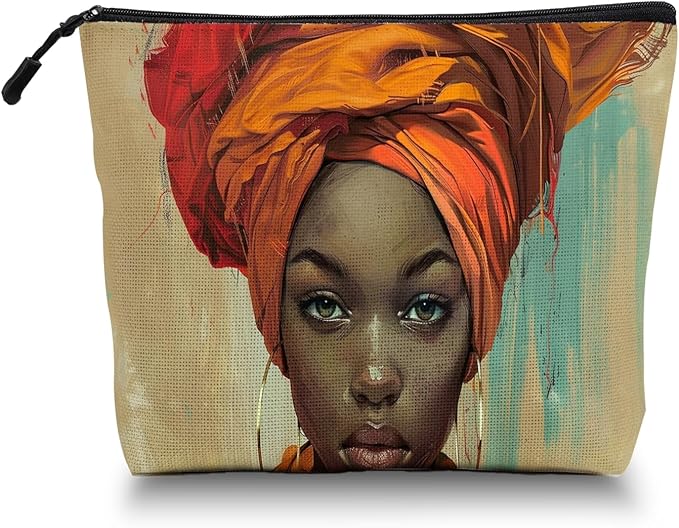Cosmetic Bags Travel Makeup Toilet Case Waterproof Pouch for Women Girls 6.7X9.45inches - Orange Turban And The Intense Gaze of A Lady