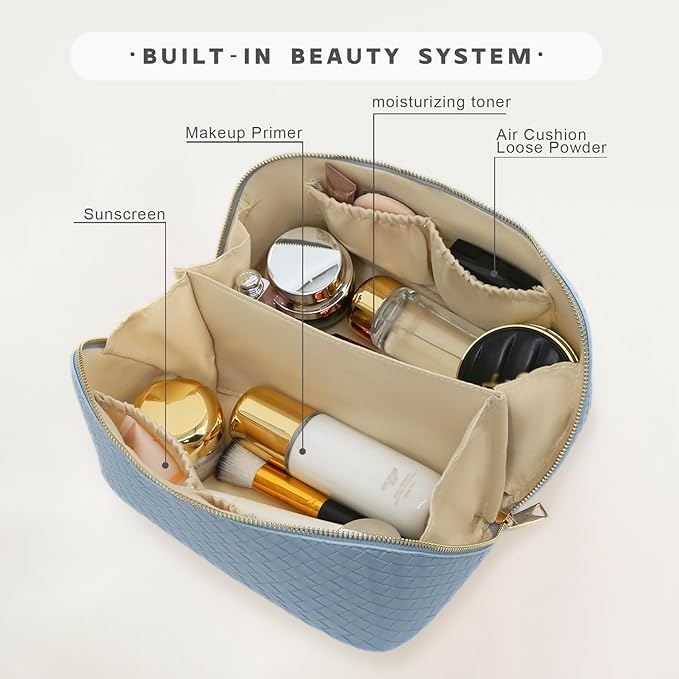 Travel Makeup Bag – Large Cosmetic Organizer with Waterproof PU Leather, Smooth Double Zipper & Tear-Resistant Lining, Toiletry Pouch for Women (Ice)