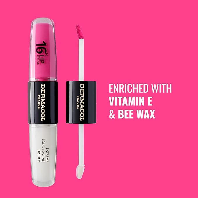 Dermacol NEW 16-Hour Lip Colour, Highly Pigmented Glossy Lip Stain, Two-Phase Lip Plumper Gloss, Kissproof Lip Makeup Products with Matte and Glitter Finish, n. 18
