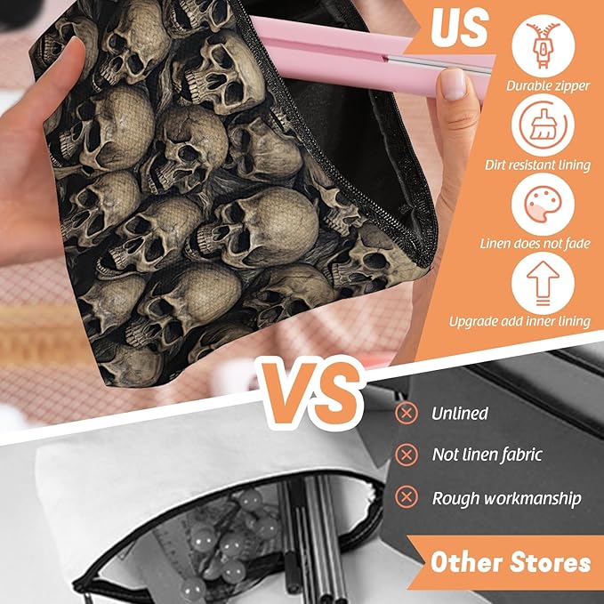 Makeup Bag Travel Cosmetic Bags Small Makeup Case Waterproof Zipper Pouch for Women Girls 7X9inches - Array of Human Skulls in A Dark Setting