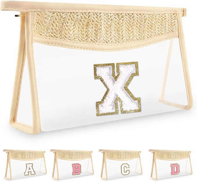 Personalized Initial Letter Bag Boho Straw Clear Makeup Bag,Small Cute Chenille Varsity Letter Pouch With Zipper,Beach Travel Toiletry,Portable Monogrammed Cosmetic Bag for Women Girls,X
