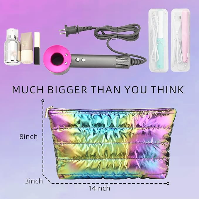 Hiroyuki Iridescent Quilted Makeup Bag, 3pcs Cute Makeup Bag Set, Large Capacity Cosmetic Organizer Travel Toiletry Pouch (plain, rainbow)