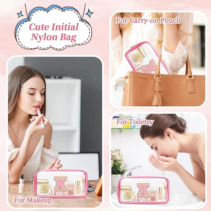 Small Clear Personalized Initial Makeup Bag, Preppy A-Z Chenille Letter Patch Cosmetic Bag, Cute Transparent Nylon Waterproof Zipper Beach Varsity Letter Pouch, Gift for Women Girls(Pink-Pink X)