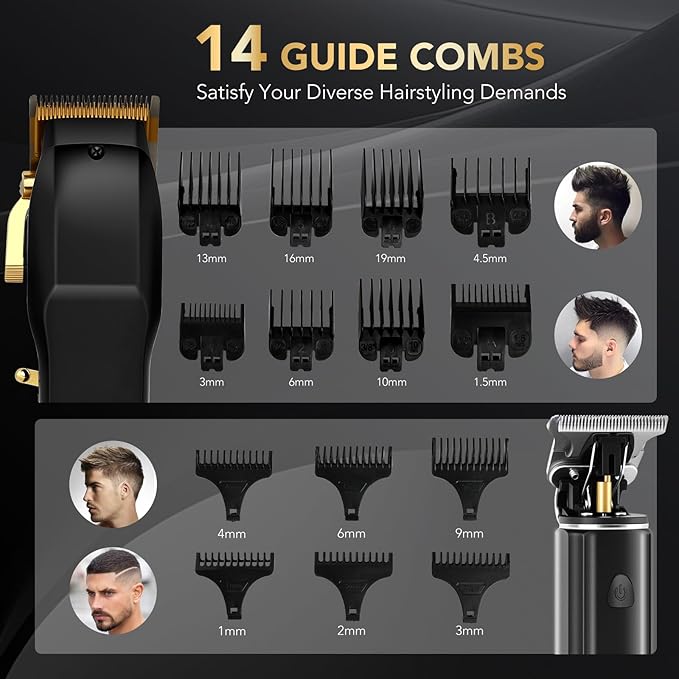 Hair Clippers for Men, Professional Cordless Barber Set with LED Display, 14 Guide Combs, Rechargeable Electric Shaver & Trimmer Kit (Black)