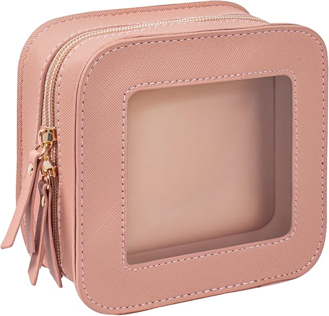 Mini Clear Makeup Bag Travel Cosmetic Case Transparent Toiletry Bag with Zipper, Portable Make Up Organizer Traveling Compact Pink Car Essentials for Girls(Pink, Mini)