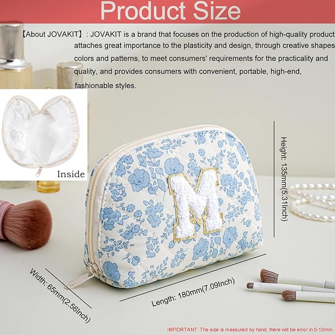 JOVAKIT Conch Alphabet Makeup Bag Cosmetic Bag for Women, Christmas Gifts for Women Girls, Blue Floral Coquette Travel Bag, Zipper Make Up Pouch Organizer Trendy Stuff (Blue Floral M)