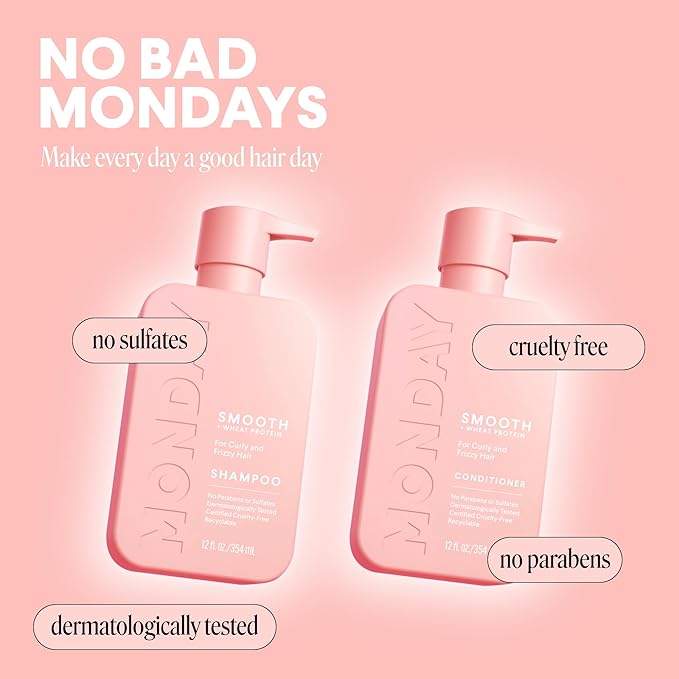 MONDAY HAIRCARE Smooth Shampoo + Conditioner Bathroom Set (2 Count) 12 oz Each For Frizzy, Coarse & Curly Hair Made with Coconut Oil, Shea Butter & Vitamin E 100% Recyclable Bottle Pink