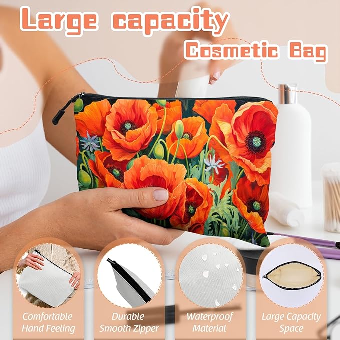 Cosmetic Bags Travel Makeup Toilet Case Waterproof Pouch for Women Girls 6.7X9.45inches - Vibrant Orange Poppies With Greenery
