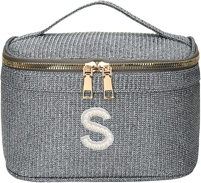 EURYNOME Makeup Bag with Custom Letter S, Water-Resistant Travel Organizer Pouch, (8.3x5.1x5.1 Inch) Cosmetic Case for Women