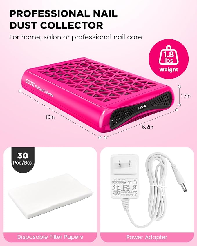 Nail Dust Collector, ECOSI 1600PA Professional Nail Dust Collector, 10-speed Adjustable Suction Nail Fan Dust Collector with Filter Papers (30 Pcs) for Manicure, Salon Nail Tech & Home