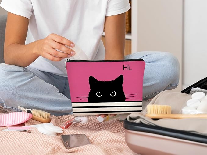Cute Makeup Bag - Cat Gifts for Women, Black Cat Kitty Cosmetic Pouch