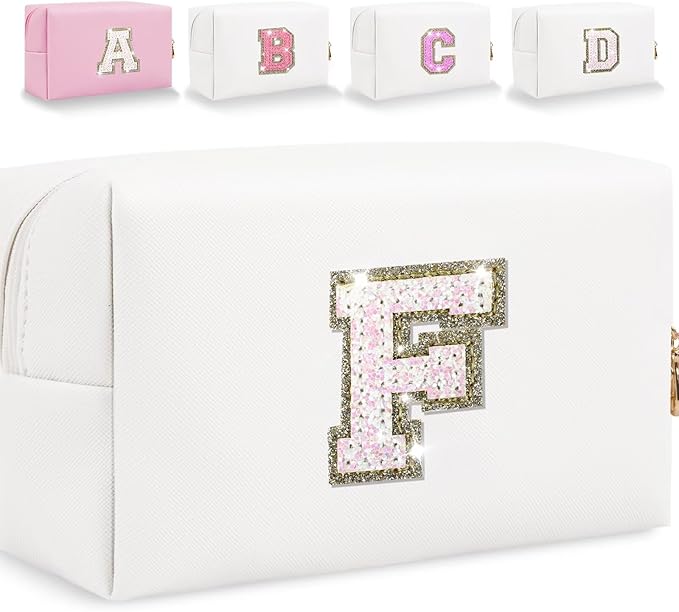 Small Personalized Glitter Initial Letter Makeup Bag, Cute PU Leather Chenille Letters Cosmetic Bag Travel Makeup Pouch, Preppy Travel Organizer Zipper Pouch for Women&Girls（White-F）