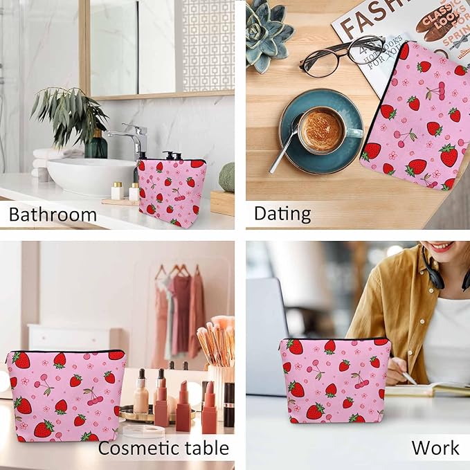 Strawberry Makeup Bags Makeup Organizer, Summer Strawberries Cherries Pink Flax Toiletry Bags Travel Cosmetic Bag Makeup Purse Pouch Skincare Bag Wallet Bags For Women Female Mom Daughter