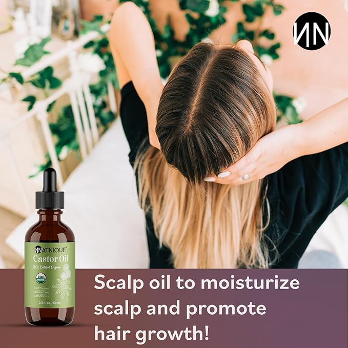 Natnique Castor Oil 2oz – USDA Certified Organic, 100% Pure Cold Pressed Unrefined Oil for Hair Growth, Eyelashes, Eyebrows & Scalp – Natural Skin Moisturizer, Lash Serum & Hair Treatment