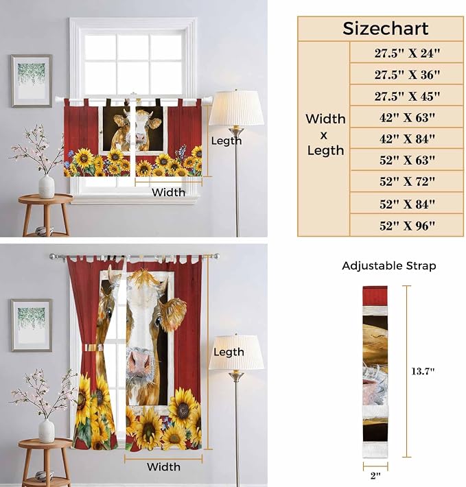 Cows Sunflowers Bathroom Curtains 63 Inch Length, Window Curtains Tab Top - Image 8