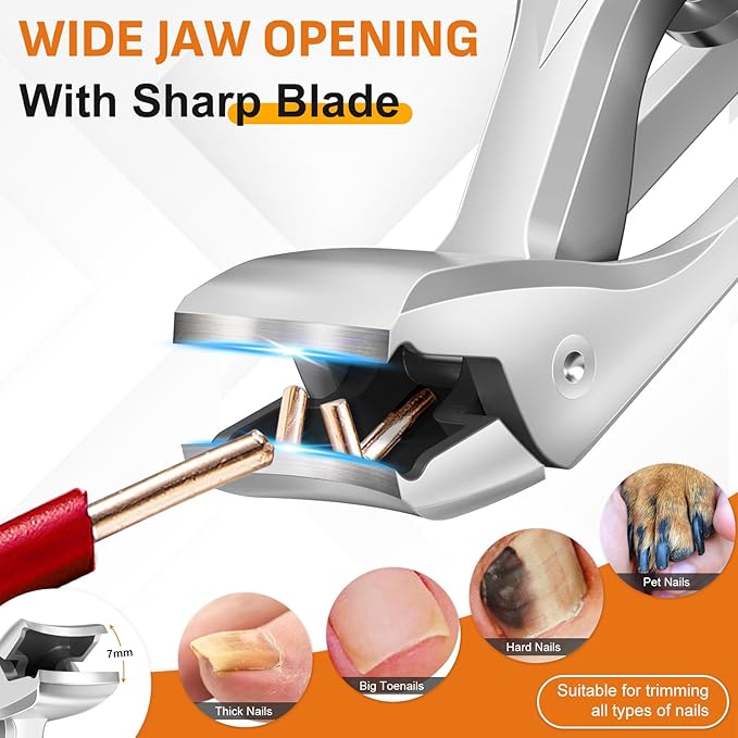 DRMODE Nail Clippers for Men Thick Nails, Angled Head Toe Nail Clippers for Thick Nails for Seniors, Wide Jaw Opening Toenail Clippers Heavy Duty Fingernail Clipper with Catcher Long Handle - Silver