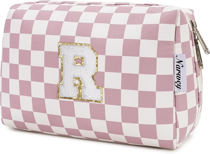 Narwey Birthday Gifts for Teen Girls Kids Women Personalized Initial Checkered Makeup Bag Pink Monogram Cosmetic Bag Trendy Stuff 6 8 10 11 12 13 14 16 18 Years Old Travel Toiletry Bag (Dusty Rose R)