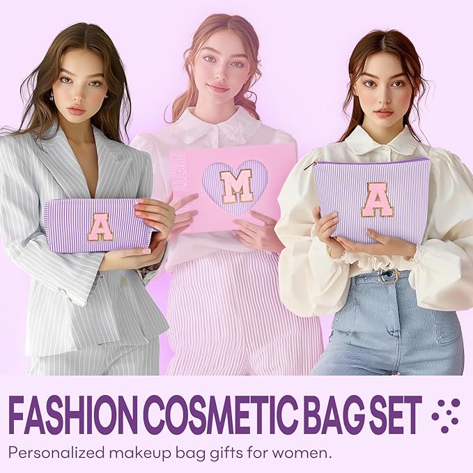mibasies 2 PCS Initial Makeup Bags for Women: - Birthday Gifts for Teen Girls 11 12 13 14 15 16 Years Old - Preppy Trendy Stuff - Cosmetic Bag for Travel Toiletry - Purple S