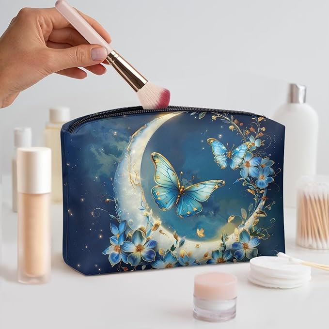 COEQINE Travel Makeup Bag for Women Large Leather Cosmetic Bag with Moon And Butterfly Gothic Makeup Case for Ladies Wallet Handbag