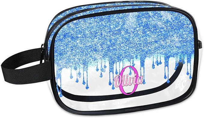 Personalized Travel Transparent Cosmetic Bag Waterproof Makeup Bags, Custom Name Light Sky Blue Curtain Glittering Romantic Organizer Case Clear Toiletries Container Bag
