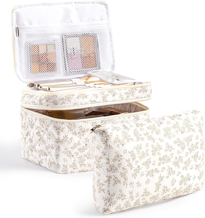 HBselect 2Pcs Travel Makeup Bag, Large Cotton Quilted Makeup Bag Cosmetic Bag Cute Make up Bag Toiletry Bags for Women Girls
