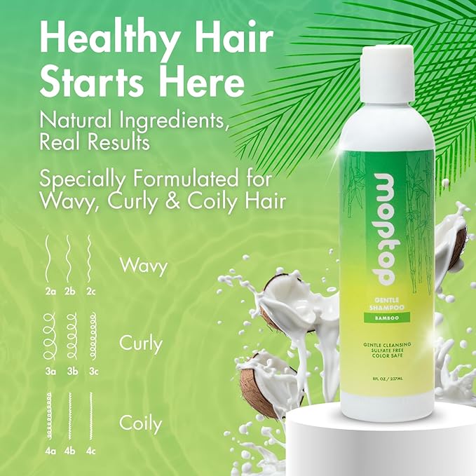 MopTop Gentle Shampoo – Every Day Curly Hair Sulfate Free Shampoo, Improves Moisture & Reduces Frizz, Paraben Free Natural Hair Products for Straight, Wavy, Curly, Coily Texture (Bamboo, 2pk)