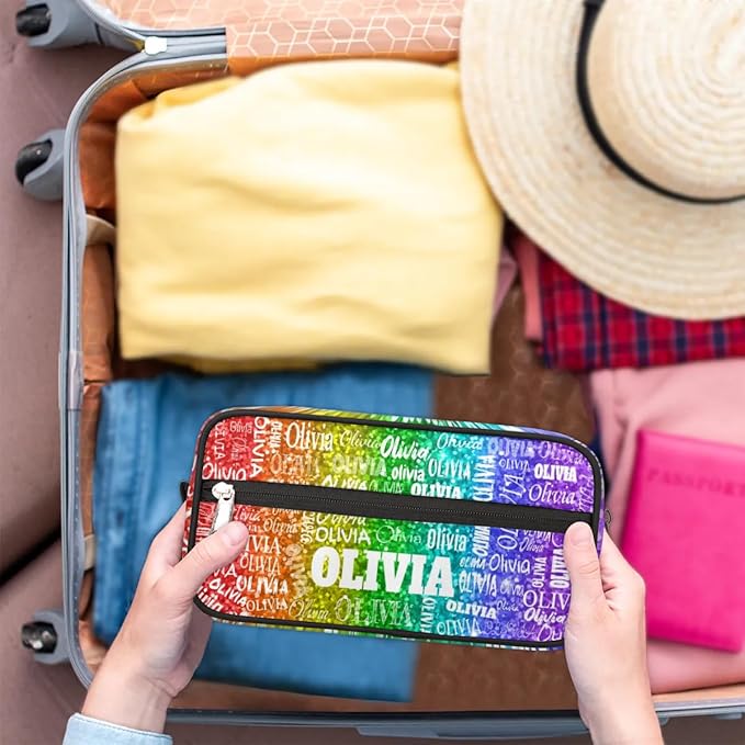 Personalized Name Toiletry Bag, Large Travel Cosmetic Bag Portable Makeup Organizer Bag for Women Bathroom Shower Essentials, Red Green Purple Sequins