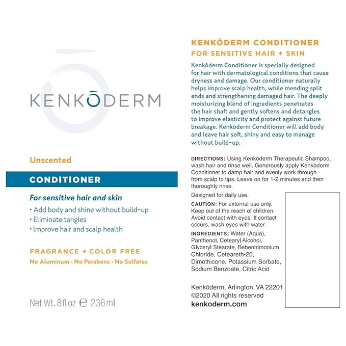 Kenkoderm Psoriasis Conditioner for Sensitive Hair & Skin with 3 Percent Salicylic Acid, Anti-Dandruff Deep Moisturizer for Itchy or Dry Scalp Relief, Color & Fragrance Free, 8-Ounce Tube