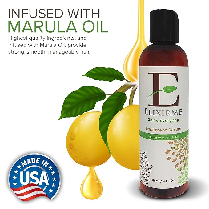 Elixirme-Anti Frizz Hair Treatment Serum For Damaged, Dry, Colored Hair. Add Shine, Protect, Rejuvenate, Strengthen and Restore. Infused with Marula, Avocado and Sweet Almond Oil- 4.oz