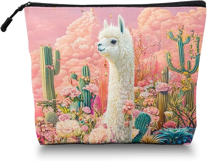 Cosmetic Bags Travel Makeup Toilet Case Waterproof Pouch for Women Girls 6.7X9.45inches - White Alpaca Stand BetweenFlowers And Cacti