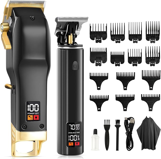 Hair Clippers for Men, Professional Cordless Barber Set with LED Display, 14 Guide Combs, Rechargeable Electric Shaver & Trimmer Kit (Black)